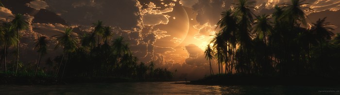 Fantasy tropical island with large moon at sunset