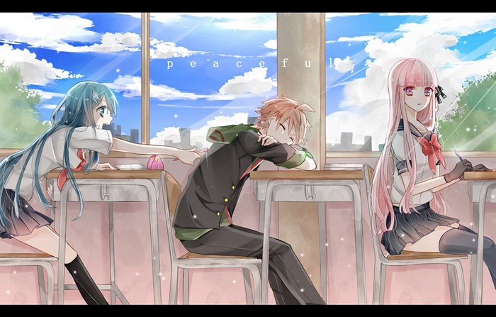 Makoto Naegi, Sayaka Maizono, and Kyoko Kirigiri from Danganronpa