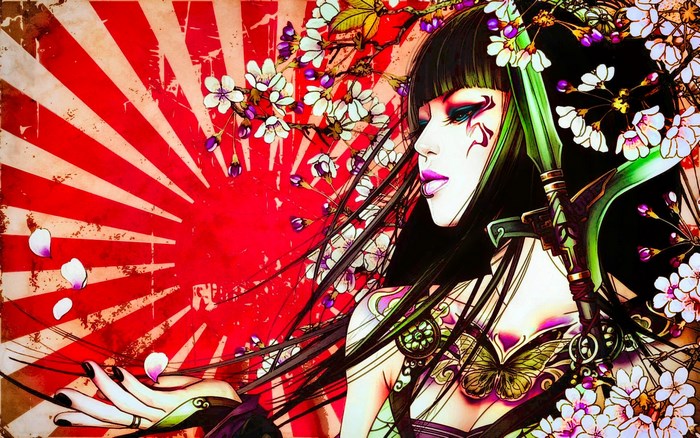 Geisha with Cherry Blossoms and Sword