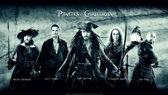 Pirates of the Caribbean characters: Hector Barbossa, Will Turner, Jack Sparrow, Elizabeth Swann, Sao Feng
