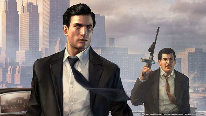Two men in suits with a city skyline