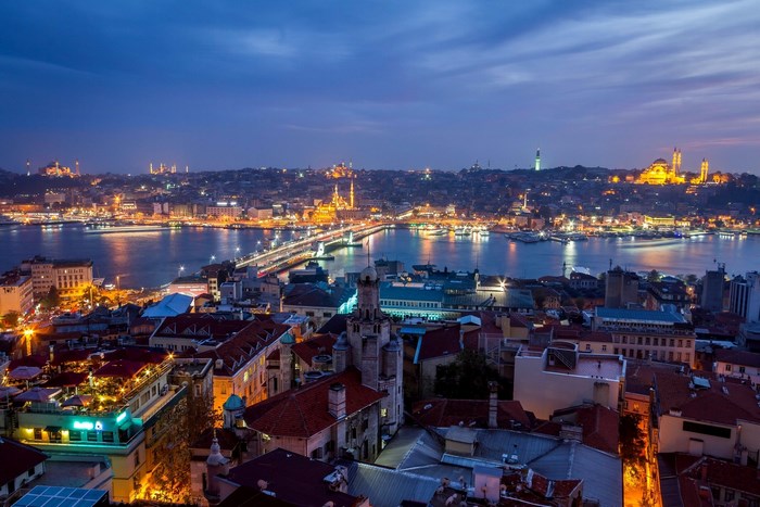 Istanbul cityscape at dusk with Golden Horn and mosques
