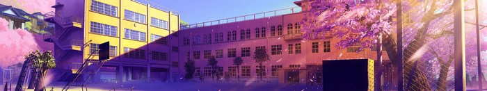 Anime school building with cherry blossoms
