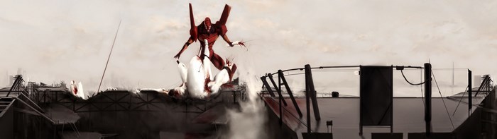 Red Eva Unit fighting in a destroyed city