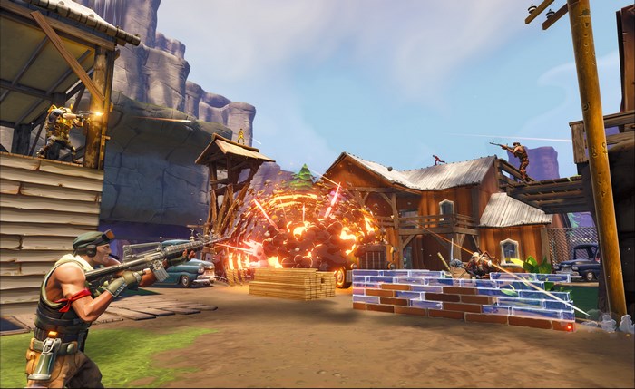 Fortnite characters in a battle with explosions