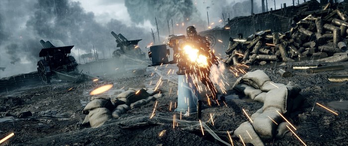 Soldier firing machine gun in Battlefield 1