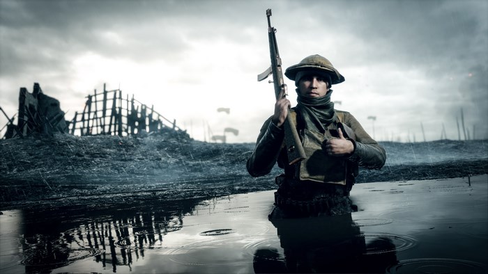Soldier in a trench with a rifle in Battlefield 1