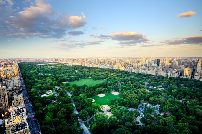 Aerial view of Central Park and New York City skyline