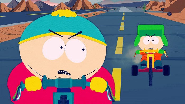 Eric Cartman and Kyle Broflovski racing on tricycles