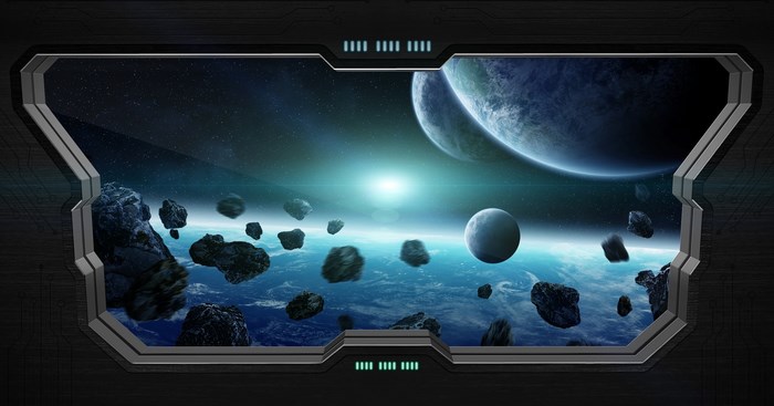Spaceship window view of planets and asteroids