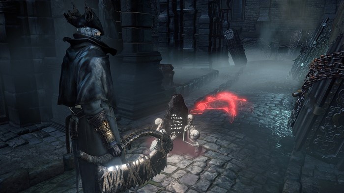 Hunter from Bloodborne with glowing runes