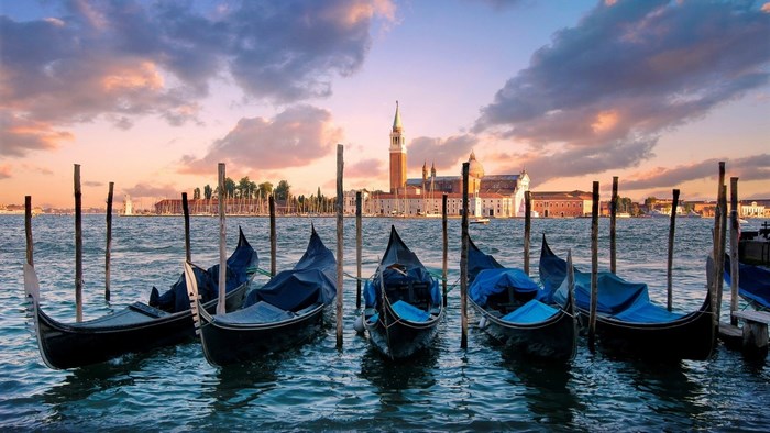 Gondolas in Venice at Sunset
