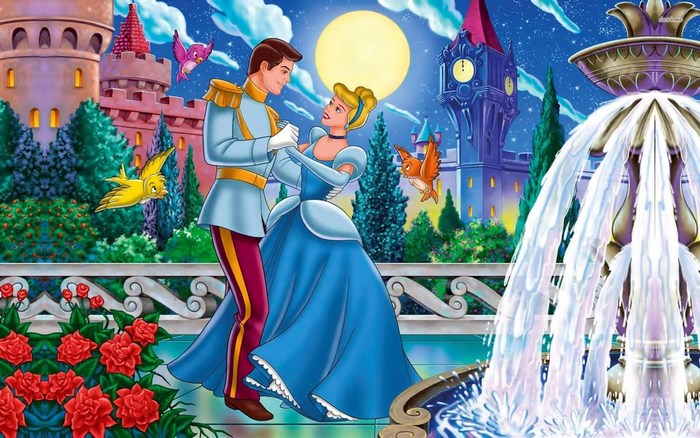 Cinderella and Prince Charming dancing by a fountain