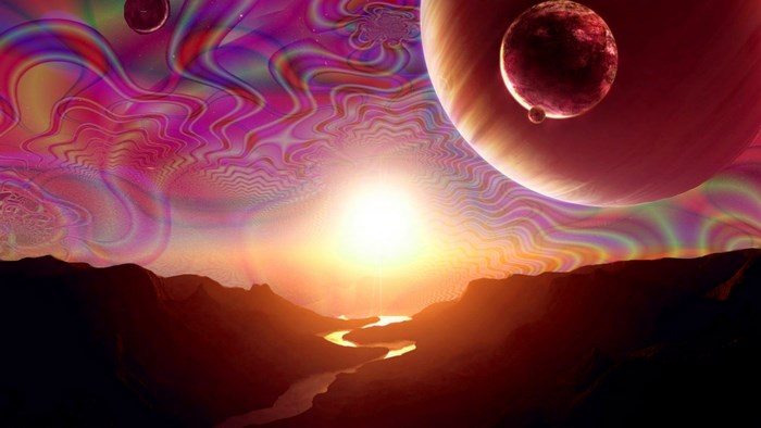 Psychedelic alien landscape with planets and sun