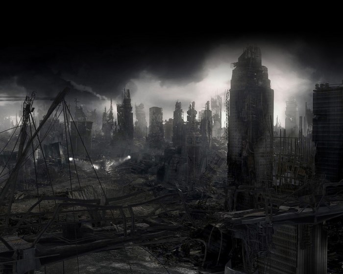 Post apocalyptic city ruins under dark clouds
