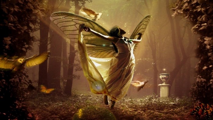 Fairy with butterfly wings in a mystical forest