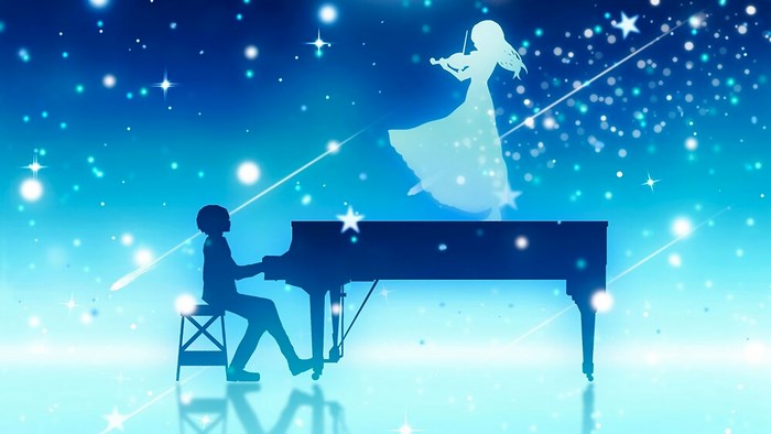 Girl playing violin and boy playing piano under starry sky