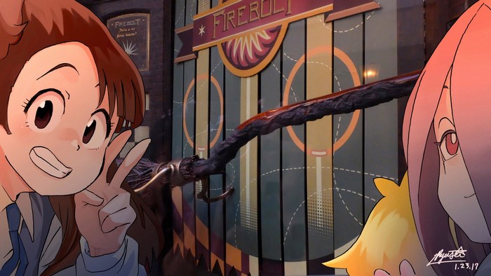 Akko and Sucy from Little Witch Academia with a broom