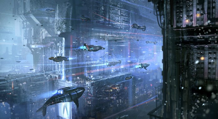 Cyberpunk city with flying vehicles