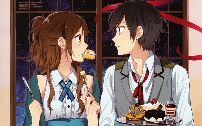 Hori-san to Miyamura-kun characters eating dessert