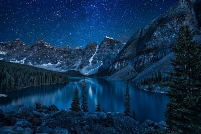 Moraine Lake at Night Under the Stars