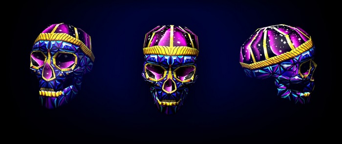 Three jeweled skulls with cosmic designs