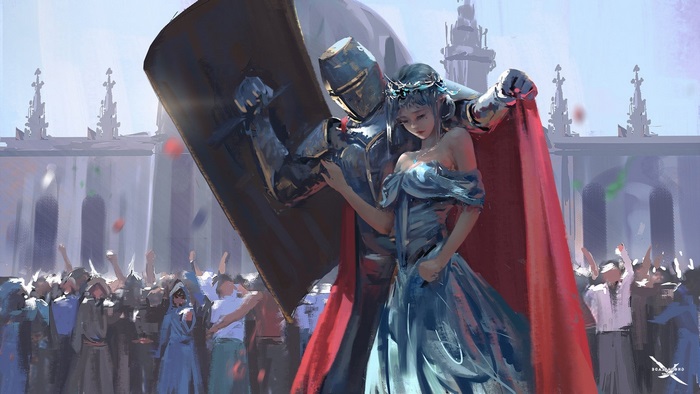 Knight and woman in blue dress with crowd