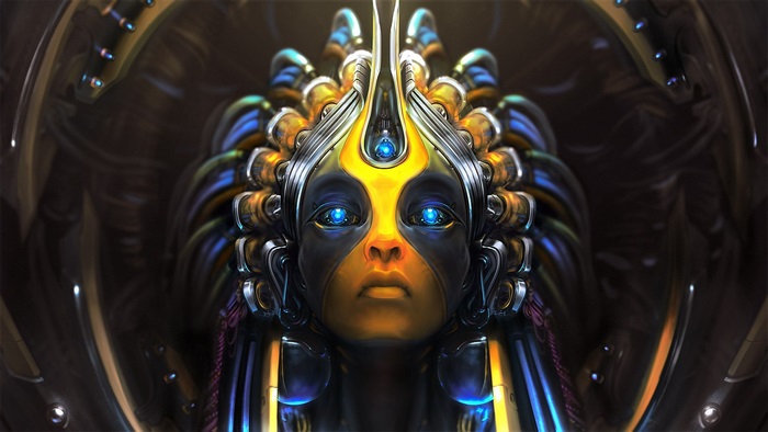 Close-up of a futuristic cyborg face with blue eyes