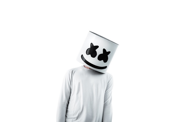 Marshmello wearing a white long-sleeved shirt
