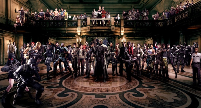 Resident Evil characters in a grand hall