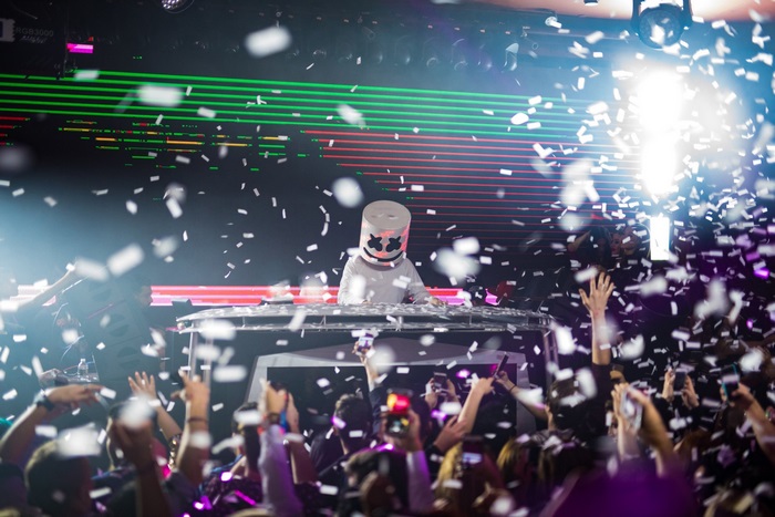 Marshmello performing with confetti