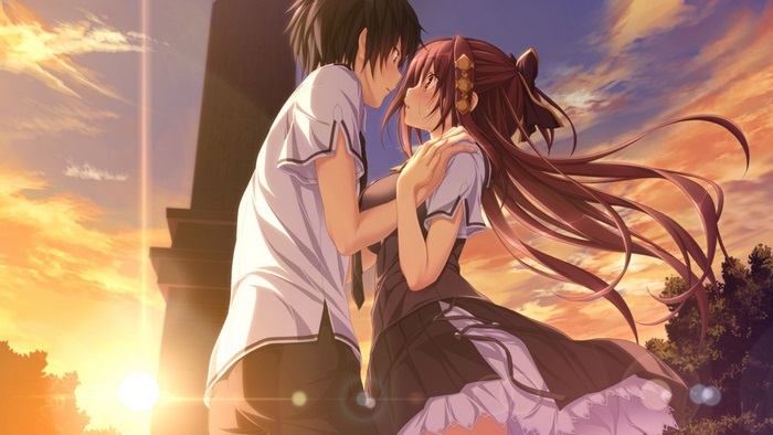 Anime couple embracing at sunset