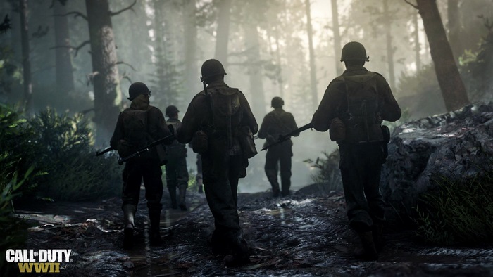 Soldiers walking through a forest in Call of Duty WWII