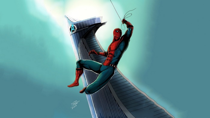 Spider-Man swinging past Avengers Tower