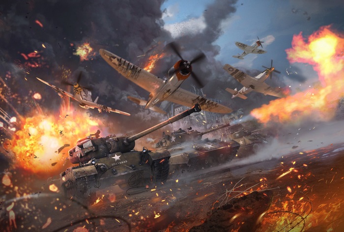 War Thunder aerial and ground combat scene
