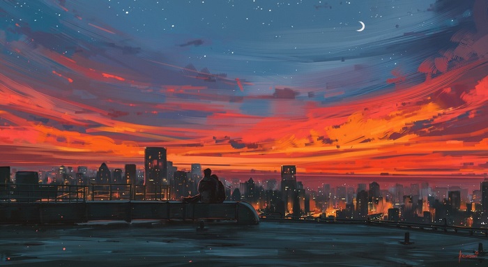 Couple watching sunset over city skyline