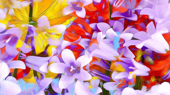 Abstract floral arrangement with yellow, purple, and red flowers