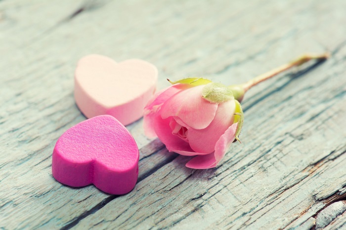Pink rose and heart shapes on wood