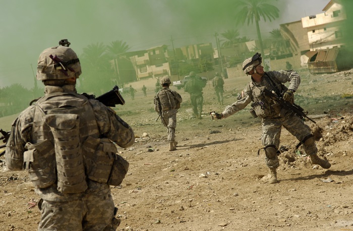 US Soldiers Maneuvering in Desert Combat Zone 4K