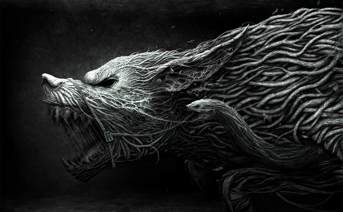 Wolf made of roots, 4K