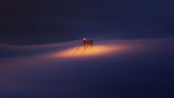 Golden Gate Bridge shrouded in fog 4K