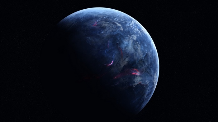 Blue planet with red glowing fissures in space