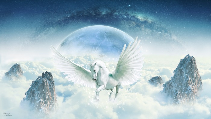 Pegasus in the Clouds with Moon and Stars 4K