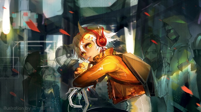 Anime character with headphones drinking from a carton