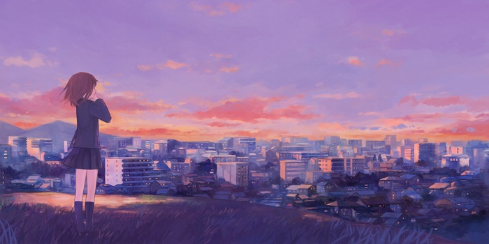 Girl overlooking city at sunset 4K