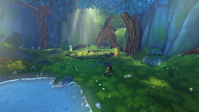 Video game scene with trees and water