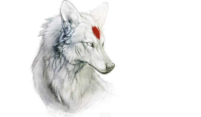 Minimalistic wolf with red mark from Princess Mononoke