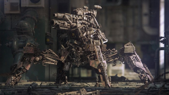 Mechanical spider-like mech with cannons in industrial setting