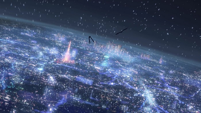 Anime cityscape at night with falling snow