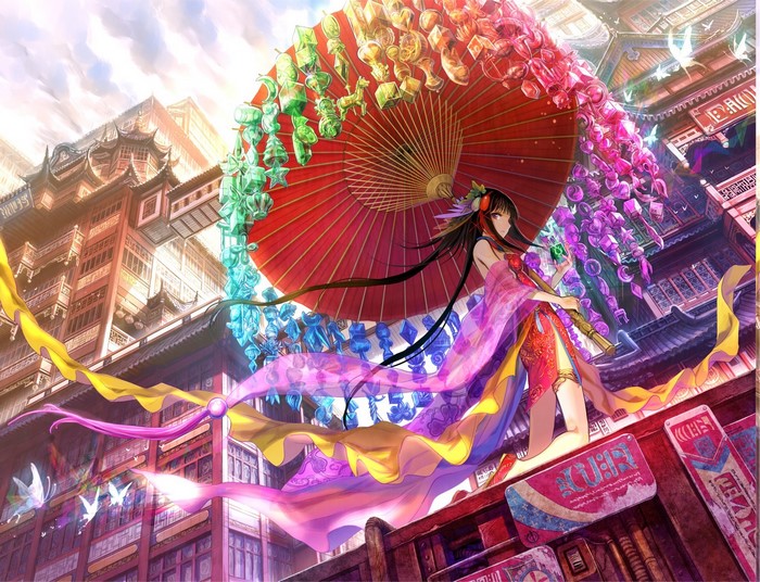 Anime girl with umbrella in traditional Chinese city